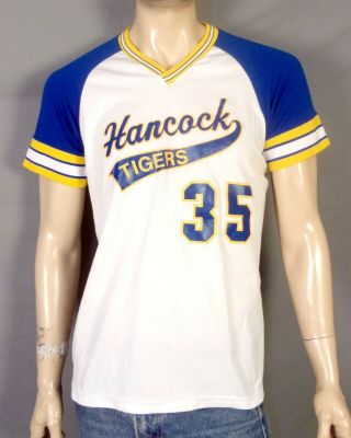 Vtg 80s Retro Blue Yellow Ringer Baseball Jersey T - Shirt Hancock Tigers Sz M/l