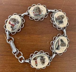 Vintage Scrimshaw Bracelet With Tall Ships & Whales Lighthouse Sailing