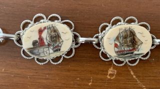 Vintage SCRIMSHAW Bracelet with TALL SHIPS & WHALES Lighthouse Sailing 2