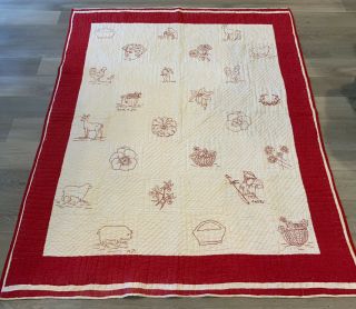Antique/vintage Patchwork Quilt With Turkey Red Embroidery Squares,  Red & White