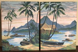 Pair Vintage Paint By Number Hawaii House Boat Palm Trees Landscape Mcm 12 " X16 "