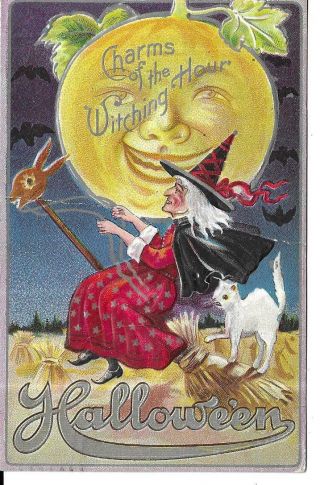 Antique Embossed Halloween Postcard Witch Riding Broom,  White Cat,  Full Moon