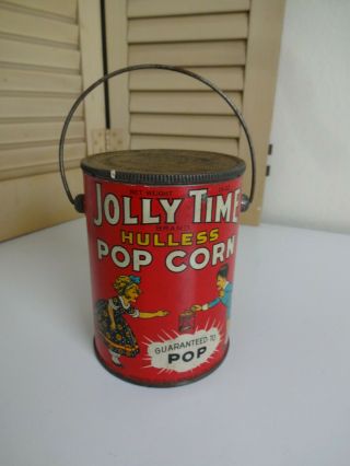 Early Antique Advertising Jolly Time Popcorn Tin Pail 1927