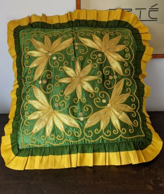 Rare Antique Art Deco Gold Threads Hand Embroidered Pure Silk Pillow Case