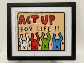 Keith Haring Painting/drawing On Vintage Paper Framed Stamped Rare