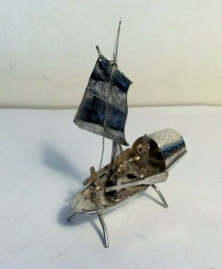 Vintage Silver Chinese Junk Boat Model Miniature Figure In White Metal