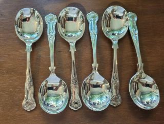 Very Good Six Vintage Sheffield Made Kings Pattern Epns A1 Soup Spoons