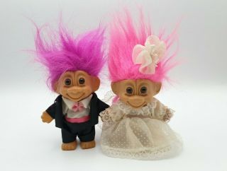 Vintage Russ Troll Doll Bride & Groom Purple Pink Hair