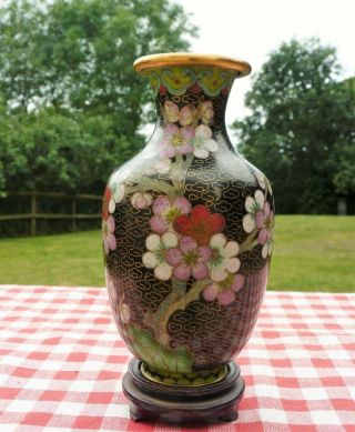 Vintage Cloisonne Enamel Vase On Wooden Stand 6 " (15cm) High