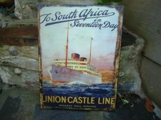 Vintage Metal Nautical Picture Plaque Union Castle Line Ship Sign Steel Tin Gift