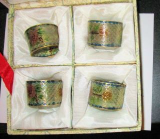 4 Chinese Plique Au Jour Style Napkin Rings In Embossed Box