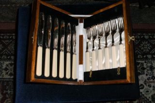 Silver Plated Fish Knife And Fork Set For 6 -,  In Wooden Case
