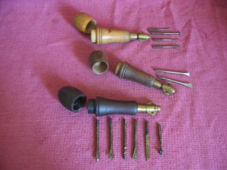 3 Antique Wooden Wood Handle Screwdrivers / Multi Tools With Handle Storage