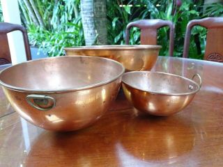 3 Antique Graduated Copper Mixing Bowls With Brass Hanging Supports C1910