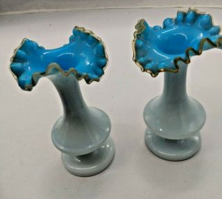 Antique Bristol Glass Blue Opalescent Ruffled Bud Vases (2) Circa 1900 - 1920