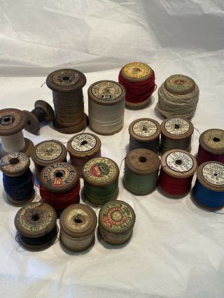 20 Assorted Vintage Antique Wooden Cotton Reels With Thread Sylko Coats Bagley