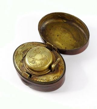 Antique 19th Century Victorian Leather Brass Glass Pocket Travelling Inkwell Pot