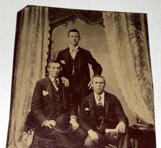 Rare Antique Victorian Fashion Group Of Men,  Books & Papers Tintype Photo Us