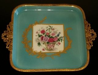 Antique Vtg French Limoges Ormolu Bronze Turquoise Enameled Floral Tray/dish 6.  5