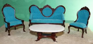 Vintage Artisan Miniature Dollhouse Victorian Parlor Furniture Blue Velvet 1:12