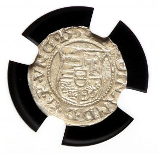 HUNGARY.  Ferdinand I Silver Denar,  1554 - KB,  NGC MS63,  State 2