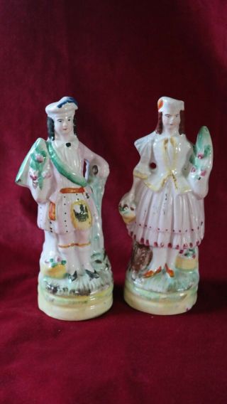 Antique Staffordshire Flatback Figures Of A Scotsman In Kilt And His Companion