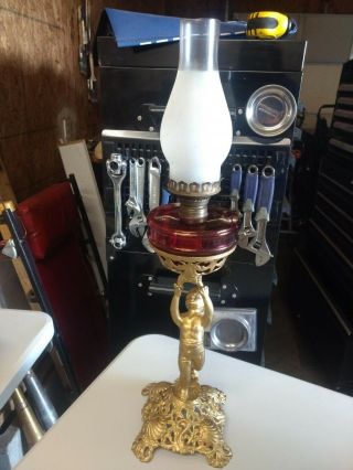 Large Rare Antique Victorian Cherub Oil Lamp With Bronze Statue Red Globe