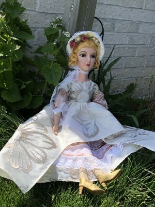 Antique/ Vintage Composition French Boudoir Doll With Plastic Arms 26”