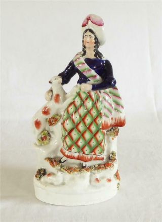 Good Sized Antique Mid 19th Century Staffordshire Figure A Scottish Lady And Dog