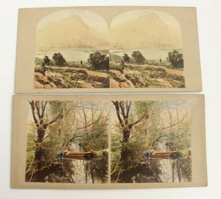 2 Antique Tinted Stereoview Cards,  The Silent Pool & The Eagle 