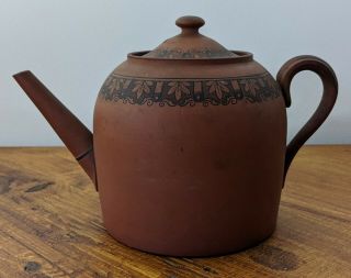 Antique English Clay Teapot Prattware Redware Straight Spout