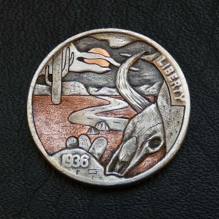 Hobo Nickel American Desert Road Hand Engraved Carved 1936 Buffalo Coin