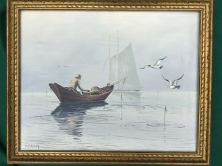 C.  1920 Antique Cape Cod Marine Oil Painting W.  F.  Collum (1895 - 1963) 16 " X 20 "