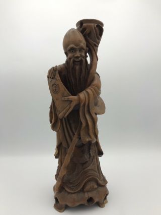 Chinese Carved Hard Root Wood Figure Of Immortal Man Lamp Base 31cm