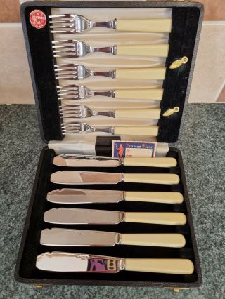 Vintage Cased Fish Cutlery Set - Bone Handled - Silver Plated Yeoman Plate Epns