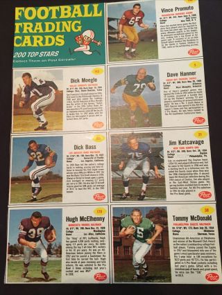 1961 Post Cereal Football Uncut 7 Card Panel Tommy Mcdonald,  Dave Hanner,  More