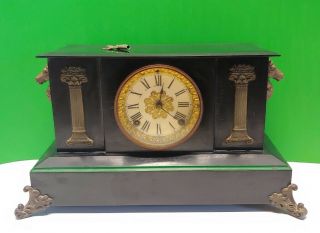 Antique Ansonia Cast Iron Mantel Clock With Key 9 1/2 " Tall 17 " Long See Add