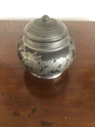 Lovely Antique Ho Cheng Weihaiwei Black Ceramic & Pewter Lidded Pot