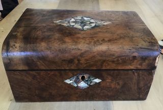 Large Antique Victorian Walnut Wooden Box With Mother Of Pearl For Restoration