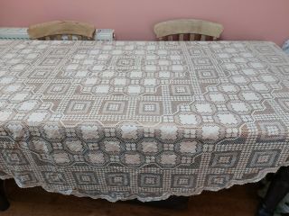 Vintage Filet Lace Tablecloth Italian Knotted Linen Large Oval 82x82 "
