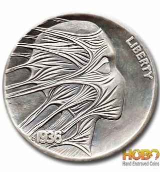 Hobo Nickel Coin 1936 Buffalo " No Masks " Hand Engraved Gediminas Palsis