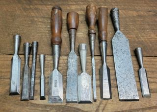 L1265 - 10 Vintage Antique Wood Chisels - Stanley Keen Kutter Etc