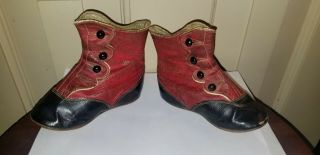 Antique Victorian Red Black Leather High Top Doll Child’s Baby Shoes Boots