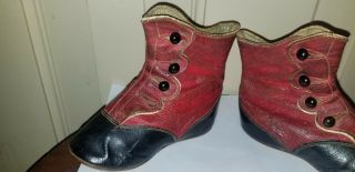 ANTIQUE VICTORIAN RED BLACK LEATHER HIGH TOP DOLL CHILD’S BABY SHOES BOOTS 3