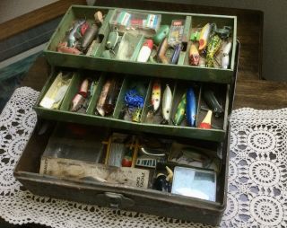 Vintage Fishing Lures In Old Tackle Box