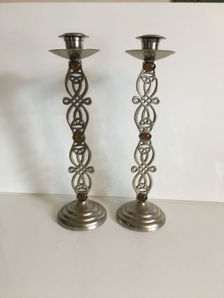 Art Nouveau Celtic Silver Tone Tall Candlesticks Amber Cabochons Vtg