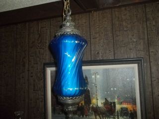 Vintage 60s Mid Century Modern Blue Glass Swag Hanging Light Lamp 23 inches long 2