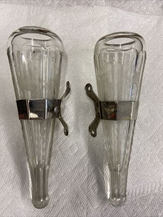 Pair 1920 ‘s - 1930s Vintage Dash Auto Glass Etched Old Flower Vases 8