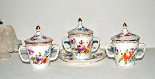 Antique Vtg Dresden Porcelain Hand Painted Floral Lidded 2 Hdl Chocolate Cups