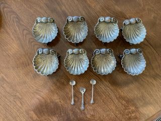 Antique Sterling Silver Scallop Salt Cellars - Set Of 6 With 3 Ss Spoons